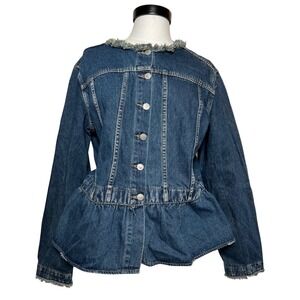 Vintage‎ Retro Denim Jacket Women's Peplum Fringe Collar Boho Coquette Blue XL